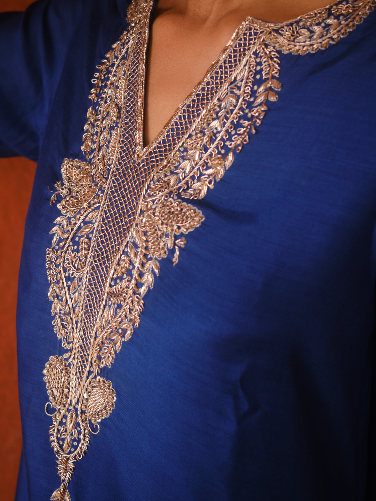 Kashmiri Yoke Kurta Set- Navy