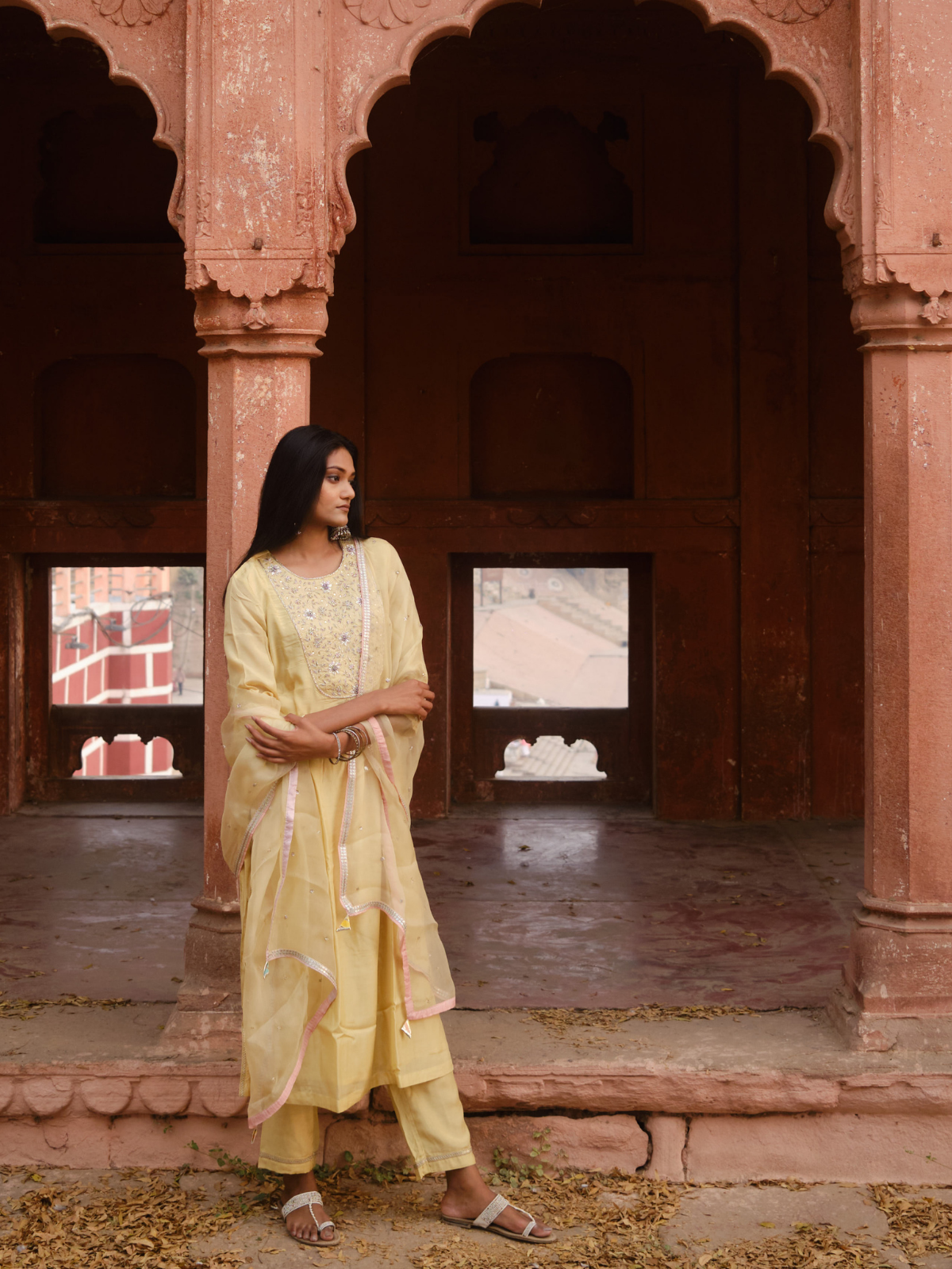 Lila Heavy Yoke Kurta Set- Lemon Yellow