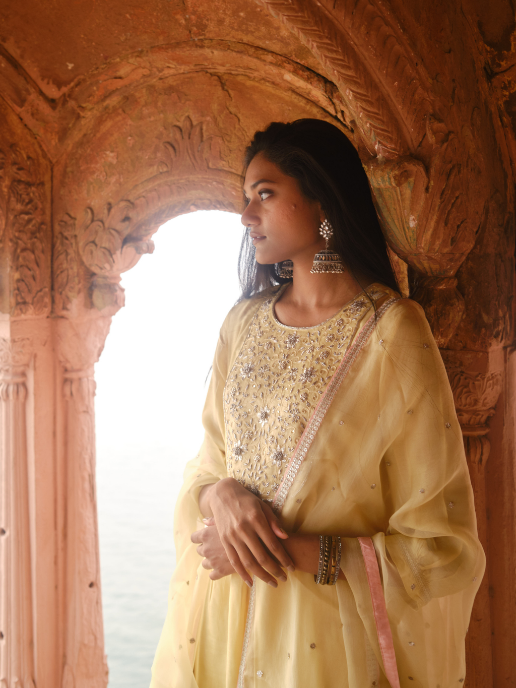 Lila Heavy Yoke Kurta Set- Lemon Yellow