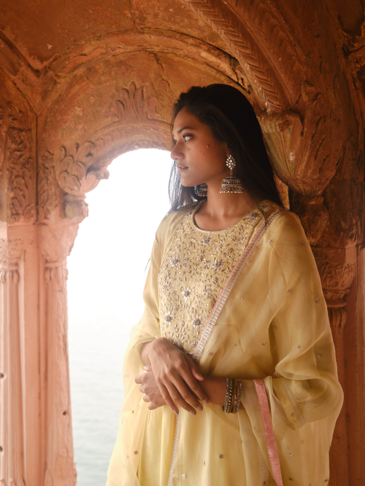 Lila Heavy Yoke Kurta Set- Lemon Yellow