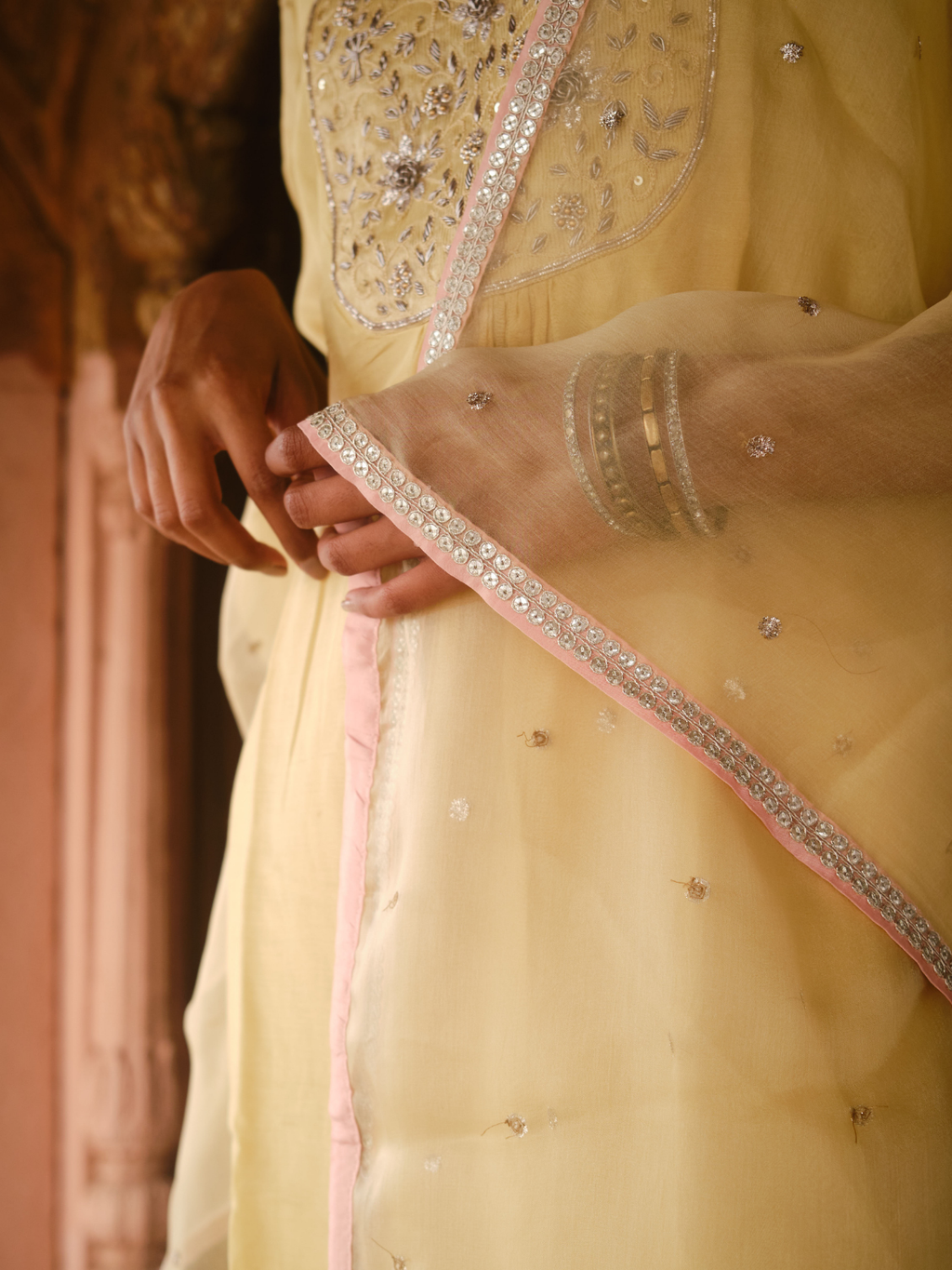 Lila Heavy Yoke Kurta Set- Lemon Yellow