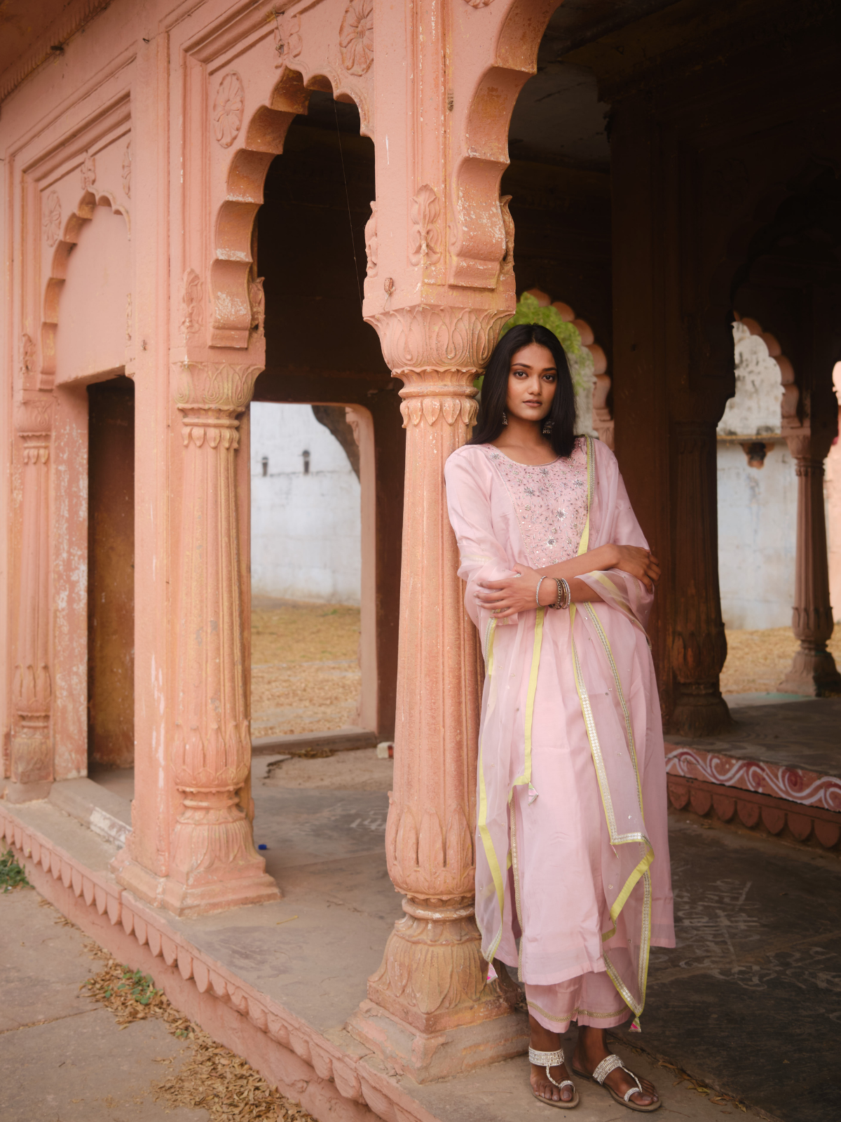 Lila Heavy Yoke Kurta Set- Powder Pink
