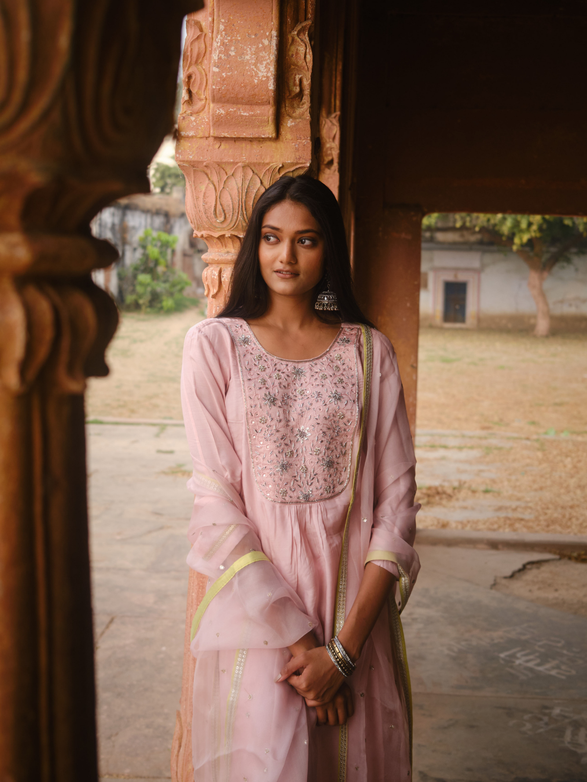 Lila Heavy Yoke Kurta Set- Powder Pink