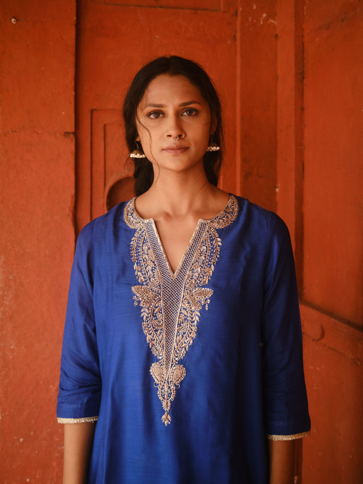 Kashmiri Yoke Kurta Set- Navy